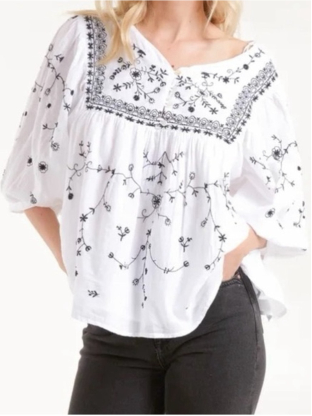 Zara Black and White Embroidered Blouse
